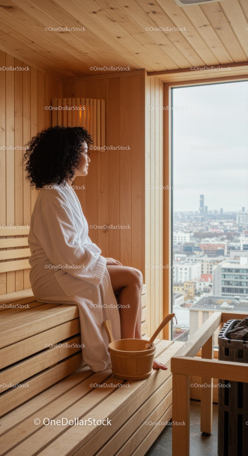 Relaxing Woman Sitting in Modern Sauna with City View