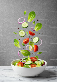 Fresh vegetable salad with flying ingredients in bowl