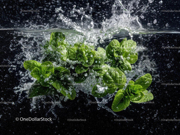 Fresh Spinach Leaves Splashing in Water with Vibrant Green Color