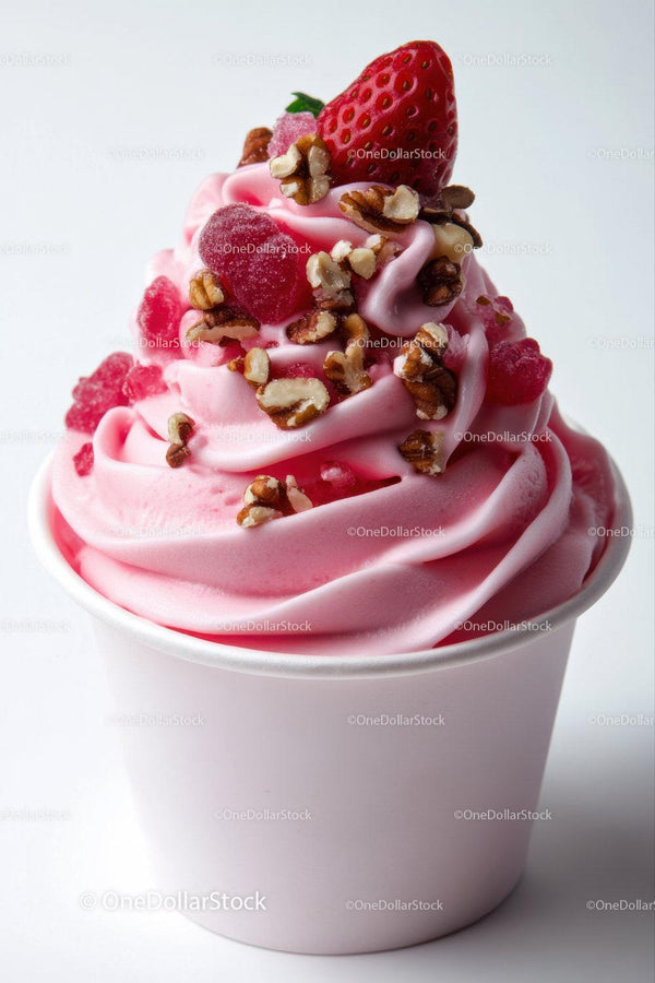 Pink Soft Serve Ice Cream with Strawberries and Nuts in White Cup