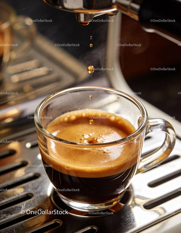 Fresh espresso pouring into clear glass cup