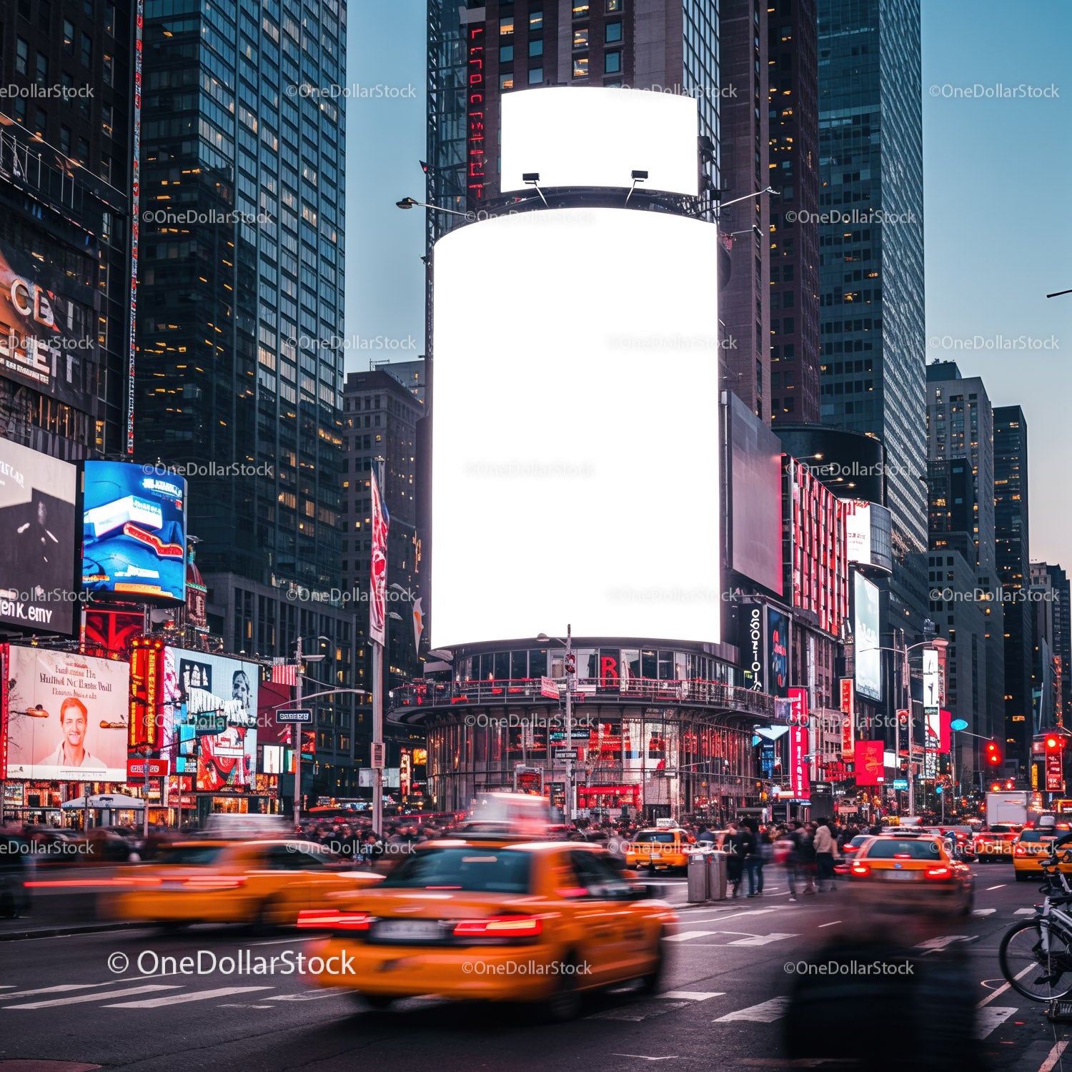 Busy New York City Street with Illuminated Billboards