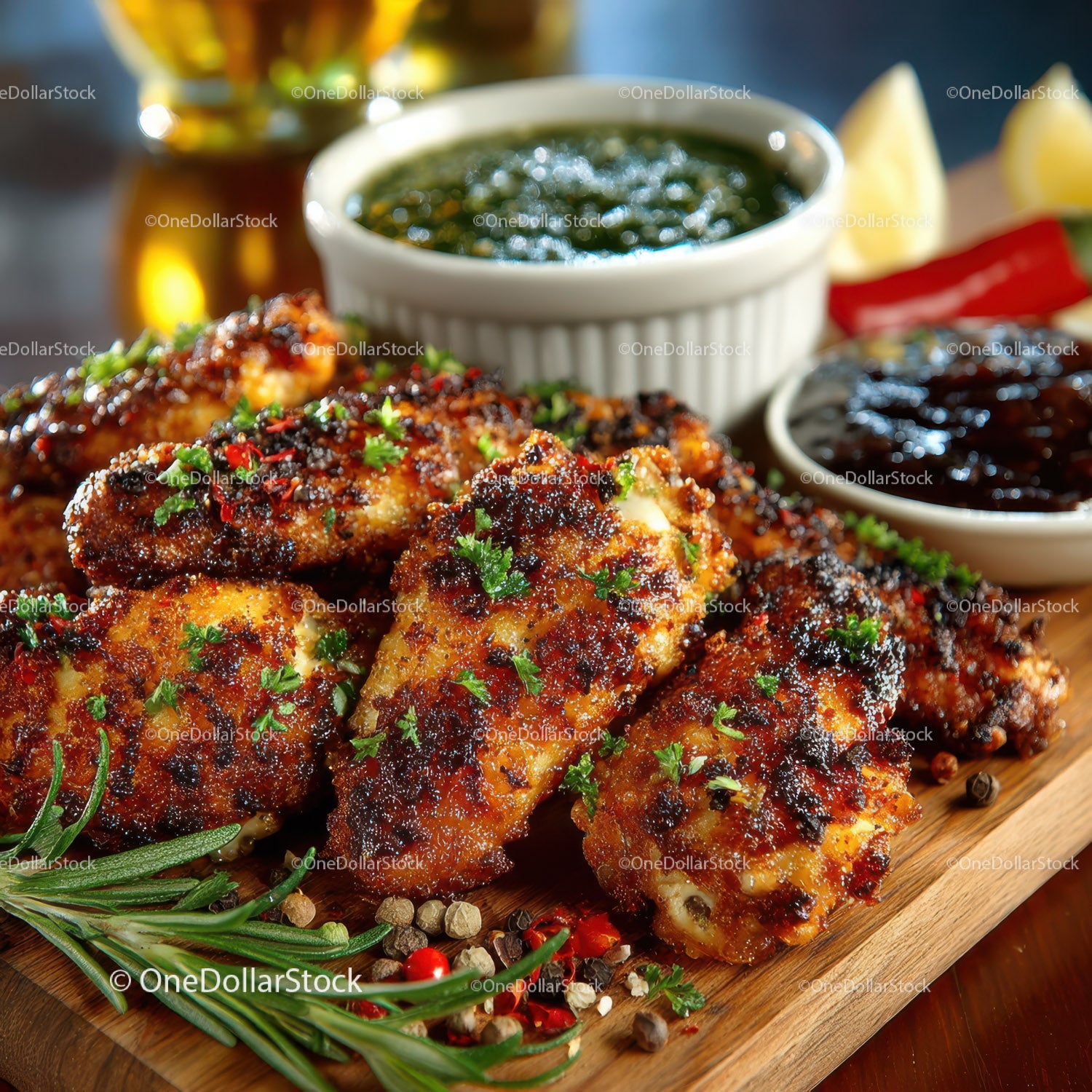 Crispy Glazed Chicken Wings with Herb Garnishes and Sauces