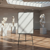 Minimalist art gallery interior with blank canvas easel