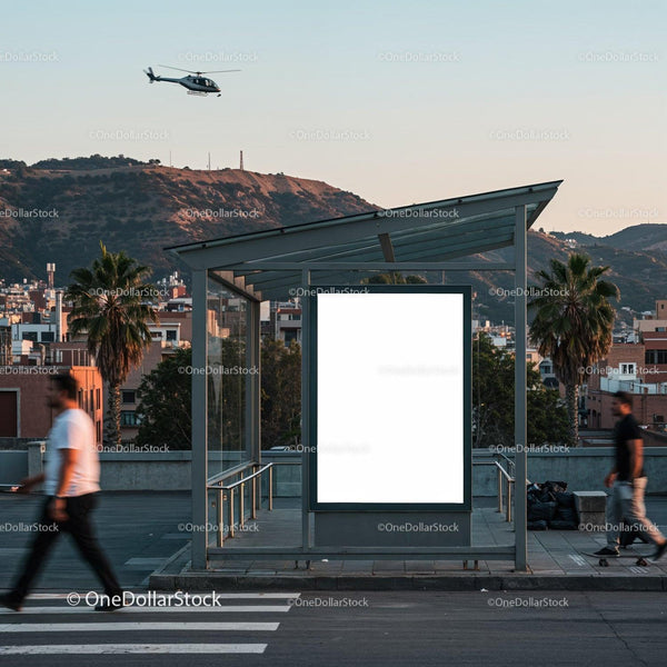 Urban bus stop with blank advertising panel at sunset JPG Mockup Image