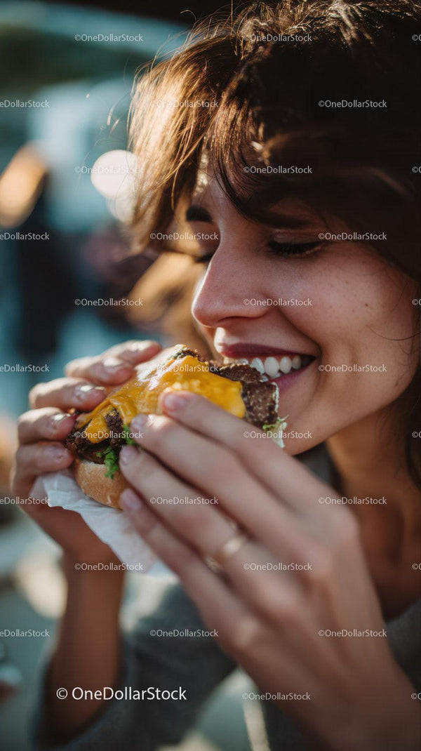 Happy Woman Eating Cheeseburger in Outdoor Setting