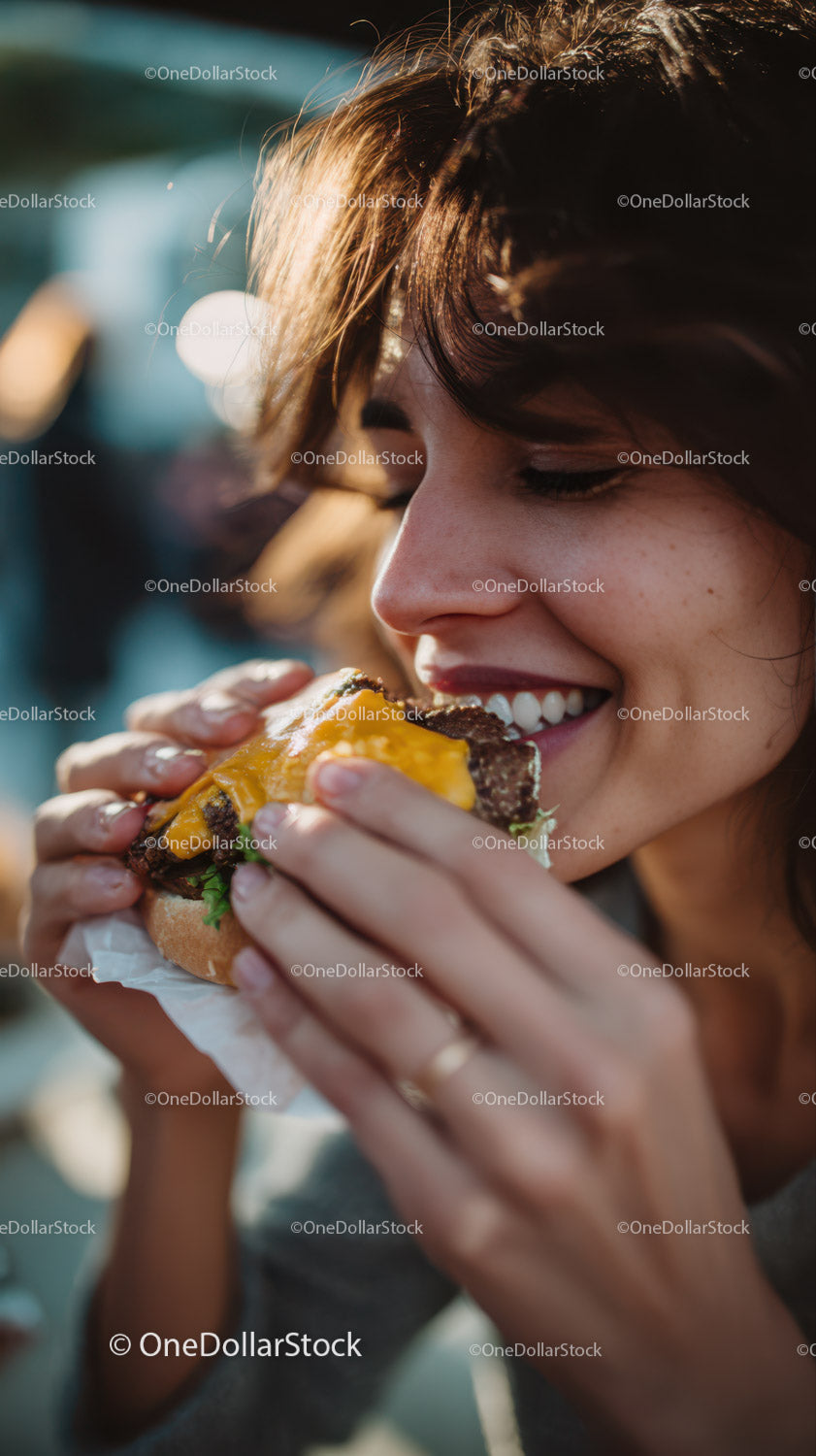 Happy Woman Eating Cheeseburger in Outdoor Setting