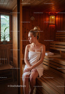 Young Woman Relaxing in Sauna with Towel in Wooden Spa Room