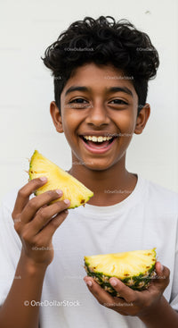 Smiling Boy Holding Fresh Pineapple Slices in Bright Casual Setting