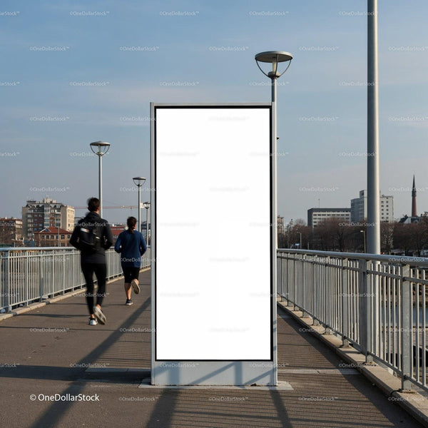 Urban runners passing empty billboard on city bridge JPG Mockup Image