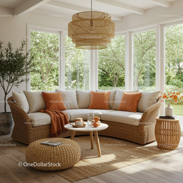 Cozy sunlit corner with rattan sofa and natural decor