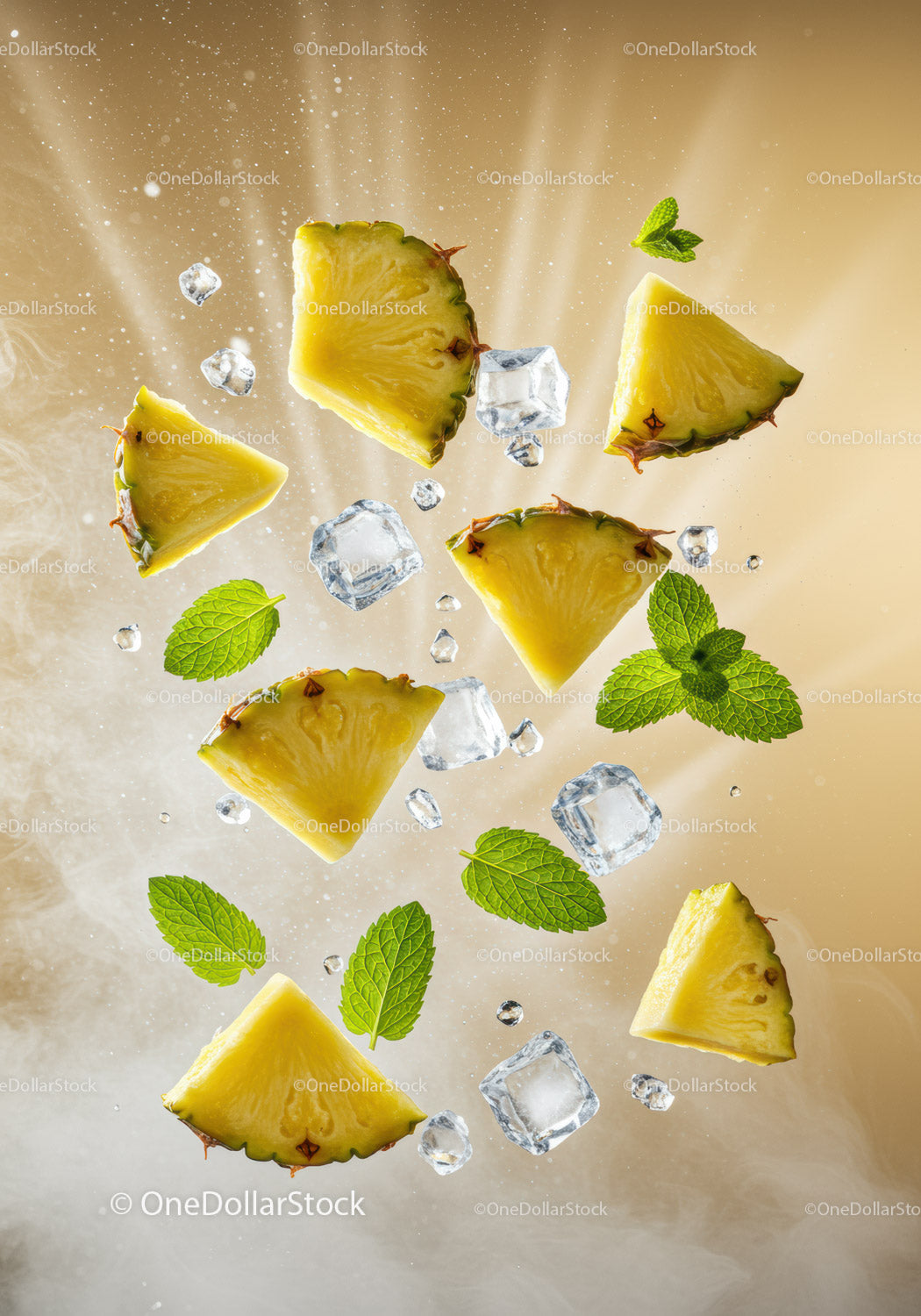 Fresh pineapple slices with mint and ice cubes