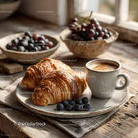 Rustic Breakfast with Croissants Coffee and Fresh Fruit