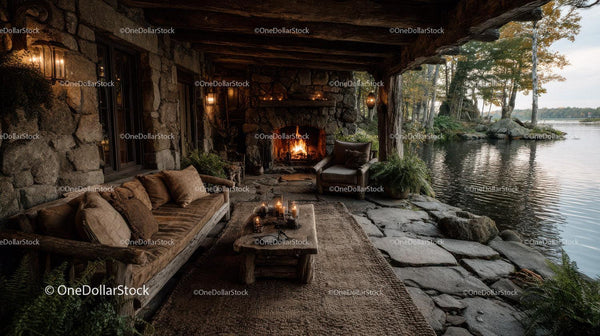 Rustic Lakeside Outdoor Lounge with Fireplace and Cozy Seating