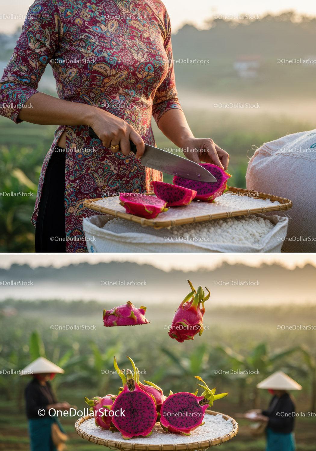 Woman preparing ripe dragon fruit in rural garden