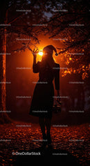 Silhouette of Woman in Santa Hat at Sunset in Forest