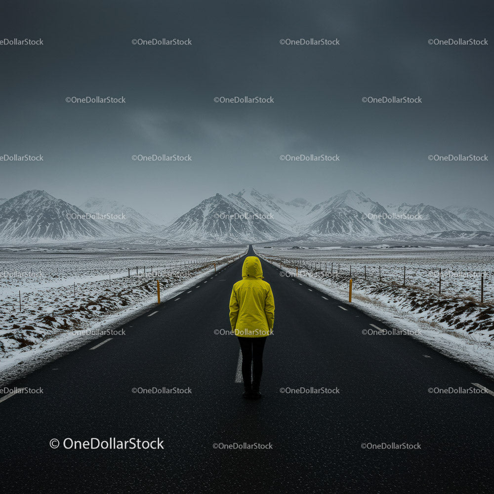 Lonely Traveler in Yellow Jacket on Snow-Covered Road