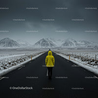 Lonely Traveler in Yellow Jacket on Snow-Covered Road