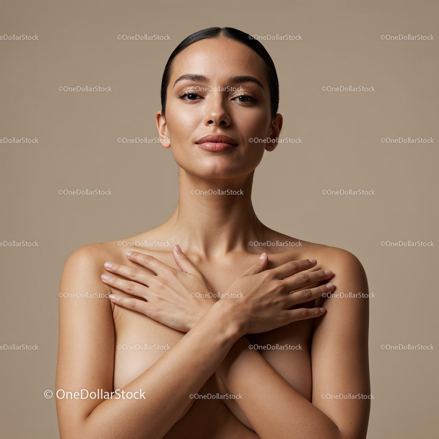 Confident woman with crossed arms on beige background