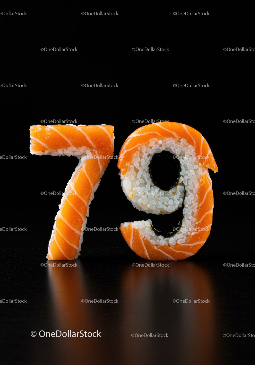 Sushi Rolls Crafted as Number Seventy Nine on Dark Background