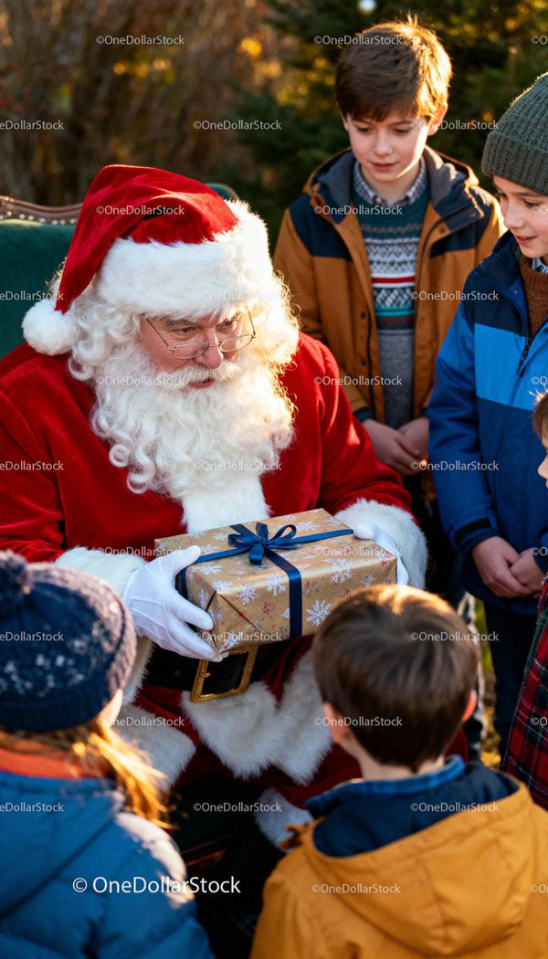 Santa Claus handing gift to excited children outdoors
