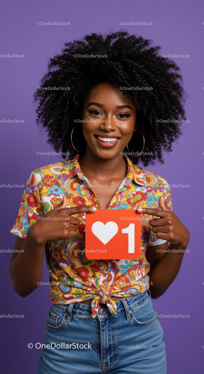 Joyful Woman Holding Heart Like Icon in Casual Trendy Fashion