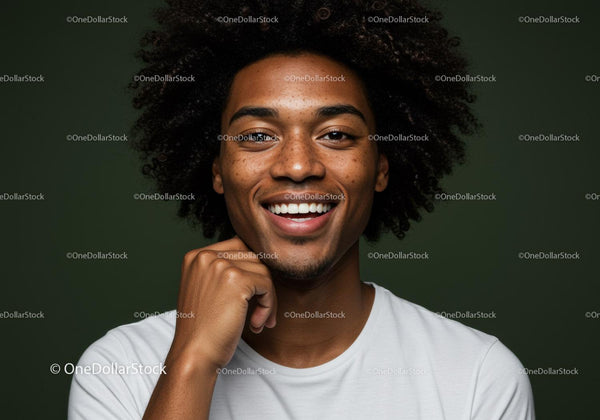 Joyful Young Man with Afro Hairstyle Smiling in Studio Portrait