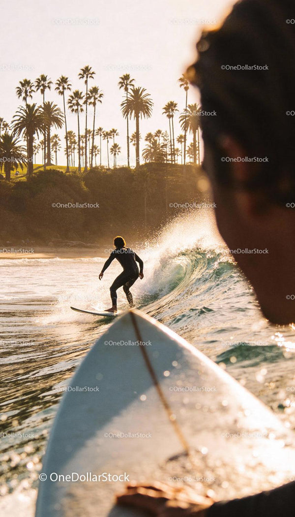 Surfer Riding Wave at Sunset with Palm Trees Background