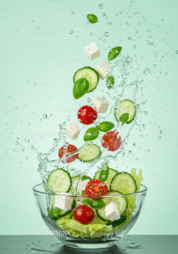 Fresh vegetable salad ingredients splashing in bowl