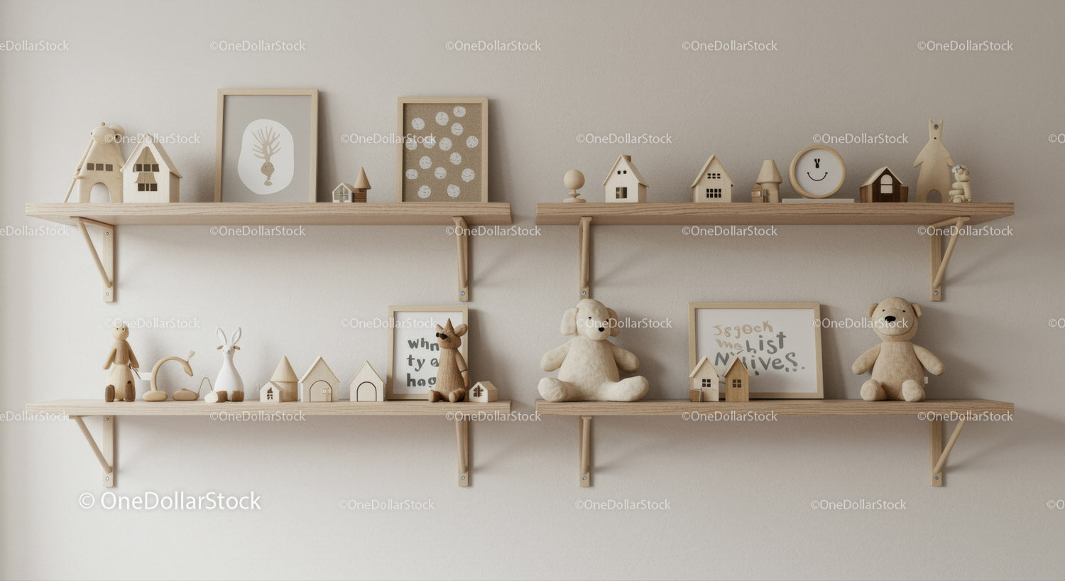 Wooden Toy Collection with Plush Teddy Bear and Miniature Houses
