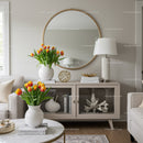 Elegant Living Room Decor with Bright Tulips and Stylish Accessories