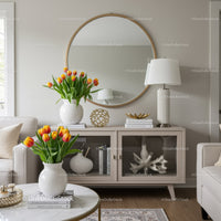 Elegant Living Room Decor with Bright Tulips and Stylish Accessories