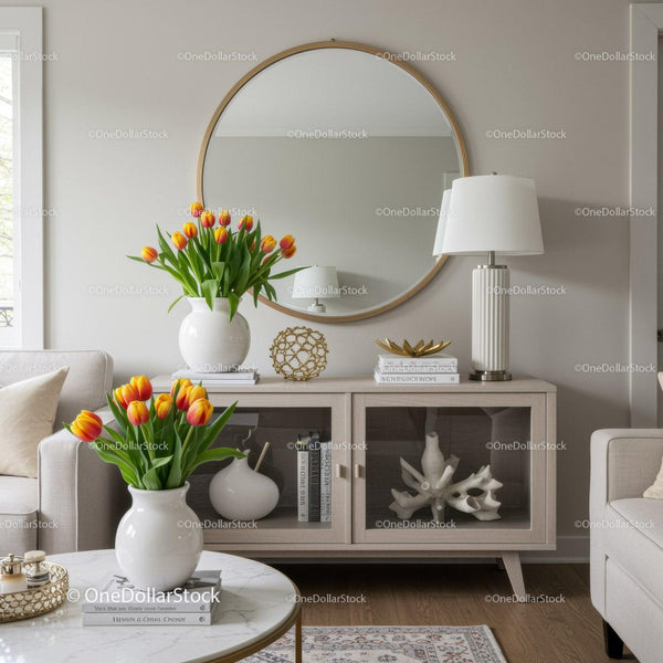 Elegant Living Room Decor with Bright Tulips and Stylish Accessories