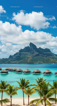 Tropical Island with Overwater Bavilions and Mountain Backdrop