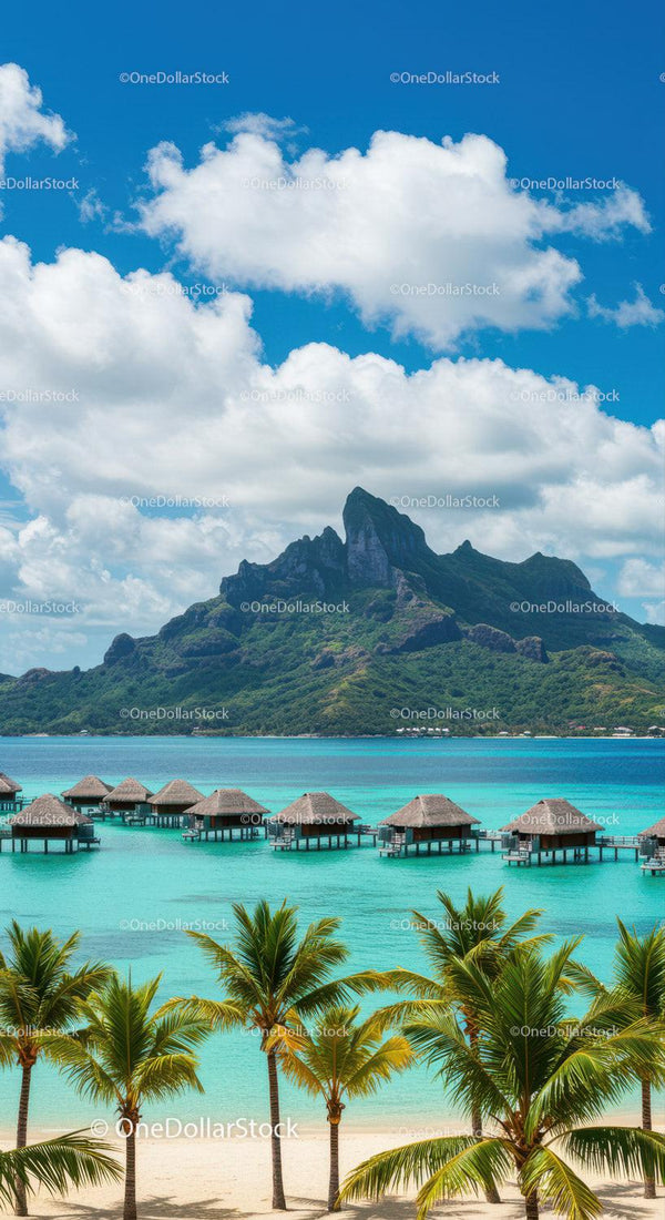 Tropical Island with Overwater Bavilions and Mountain Backdrop