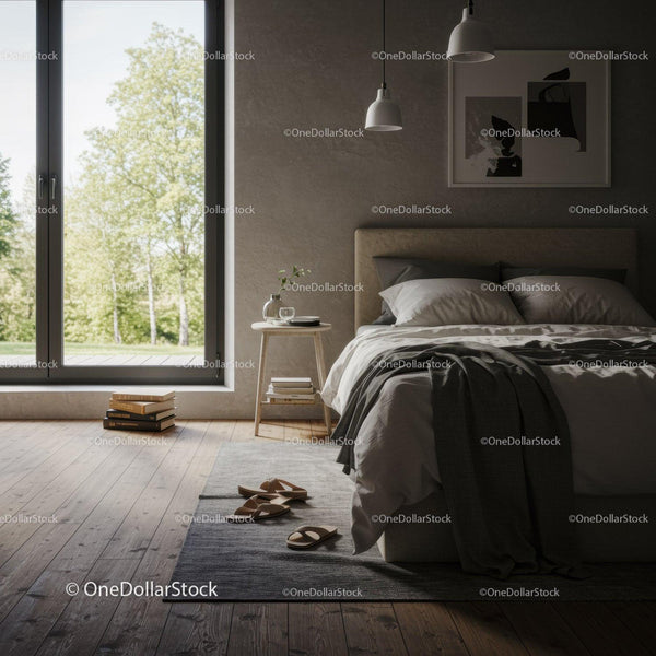 Modern Minimalist Bedroom with Large Window and Cozy Decor