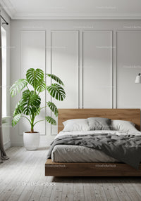 Modern Minimalist Bedroom with Monstera Plant and Wooden Bed Frame