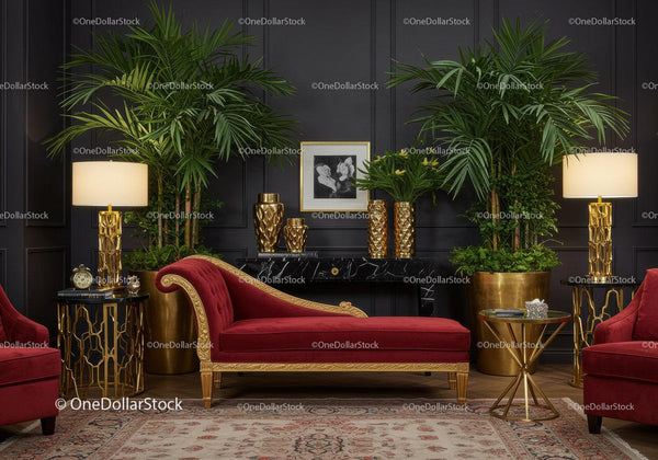 Elegant red chaise lounge in luxurious living room