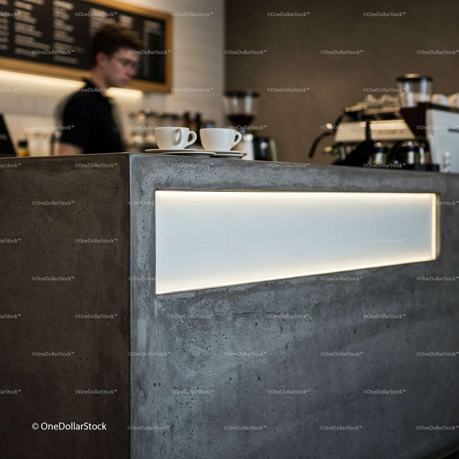 Minimalist Coffee Bar Counter with Barista in Background