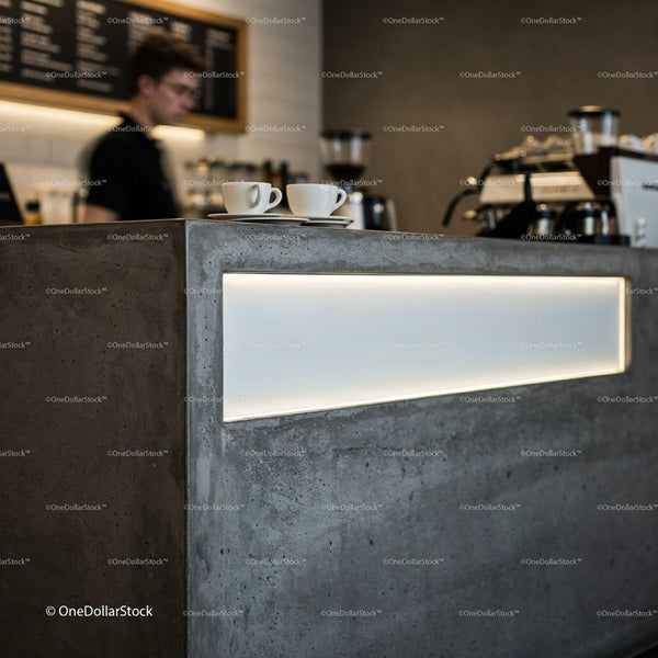 Minimalist Coffee Bar Counter with Barista in Background JPG Mockup Image