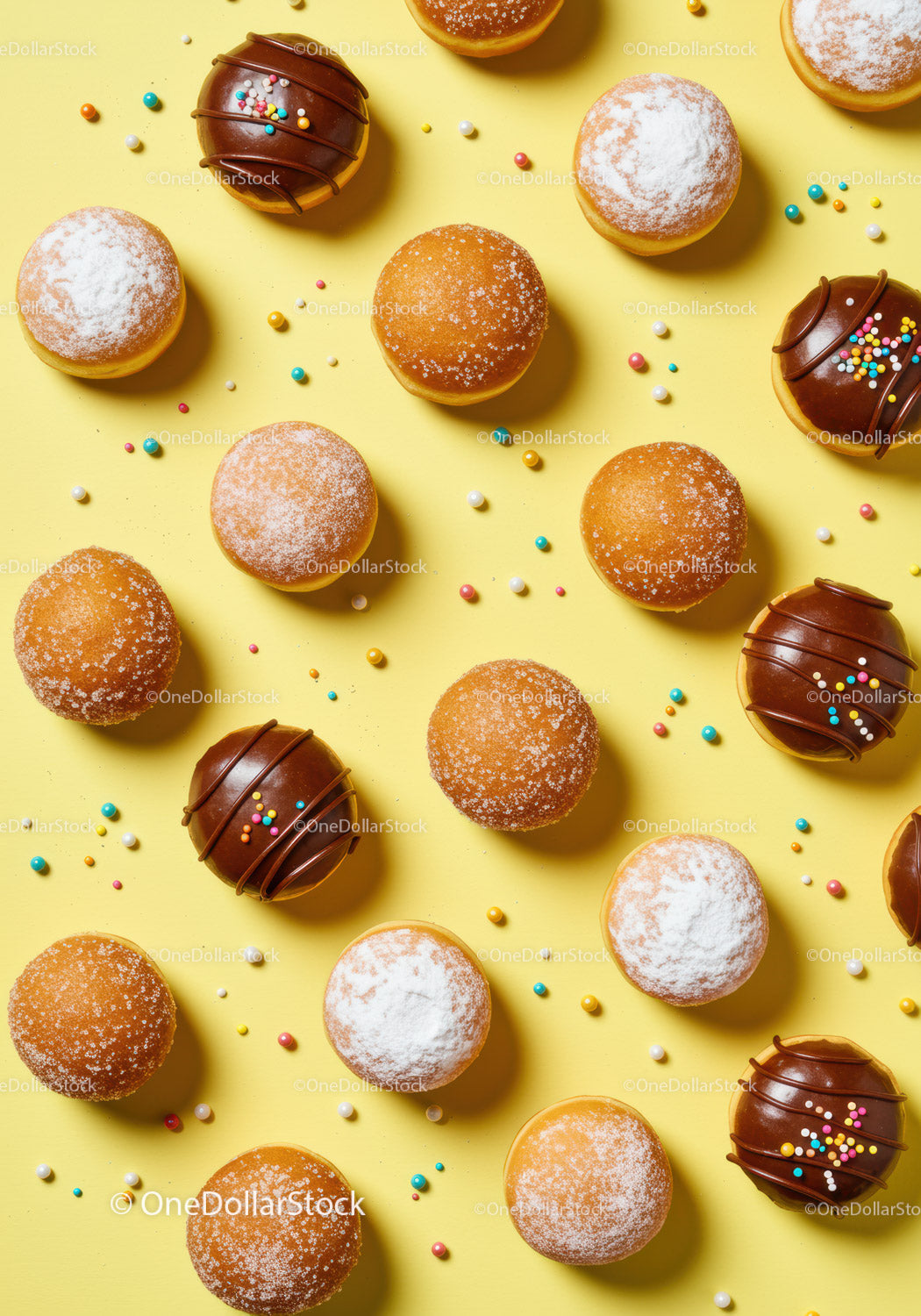 Assorted doughnuts with powdered sugar and chocolate glaze