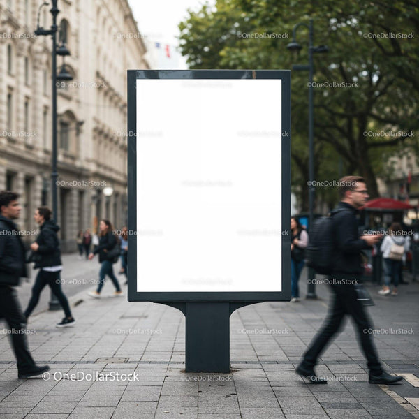 Blank Urban Advertising Board on Busy City Sidewalk JPG Mockup Image