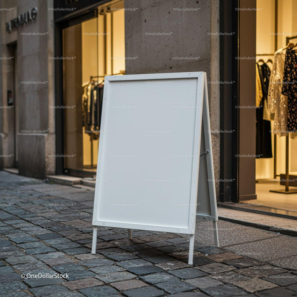 Empty white sidewalk sign outside boutique store JPG Mockup Image