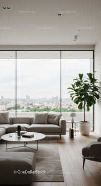Modern Living Room with Large Window and Green Indoor Plant