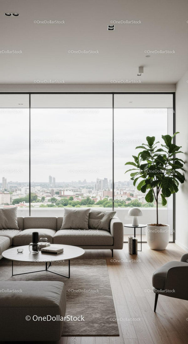 Modern Living Room with Large Window and Green Indoor Plant