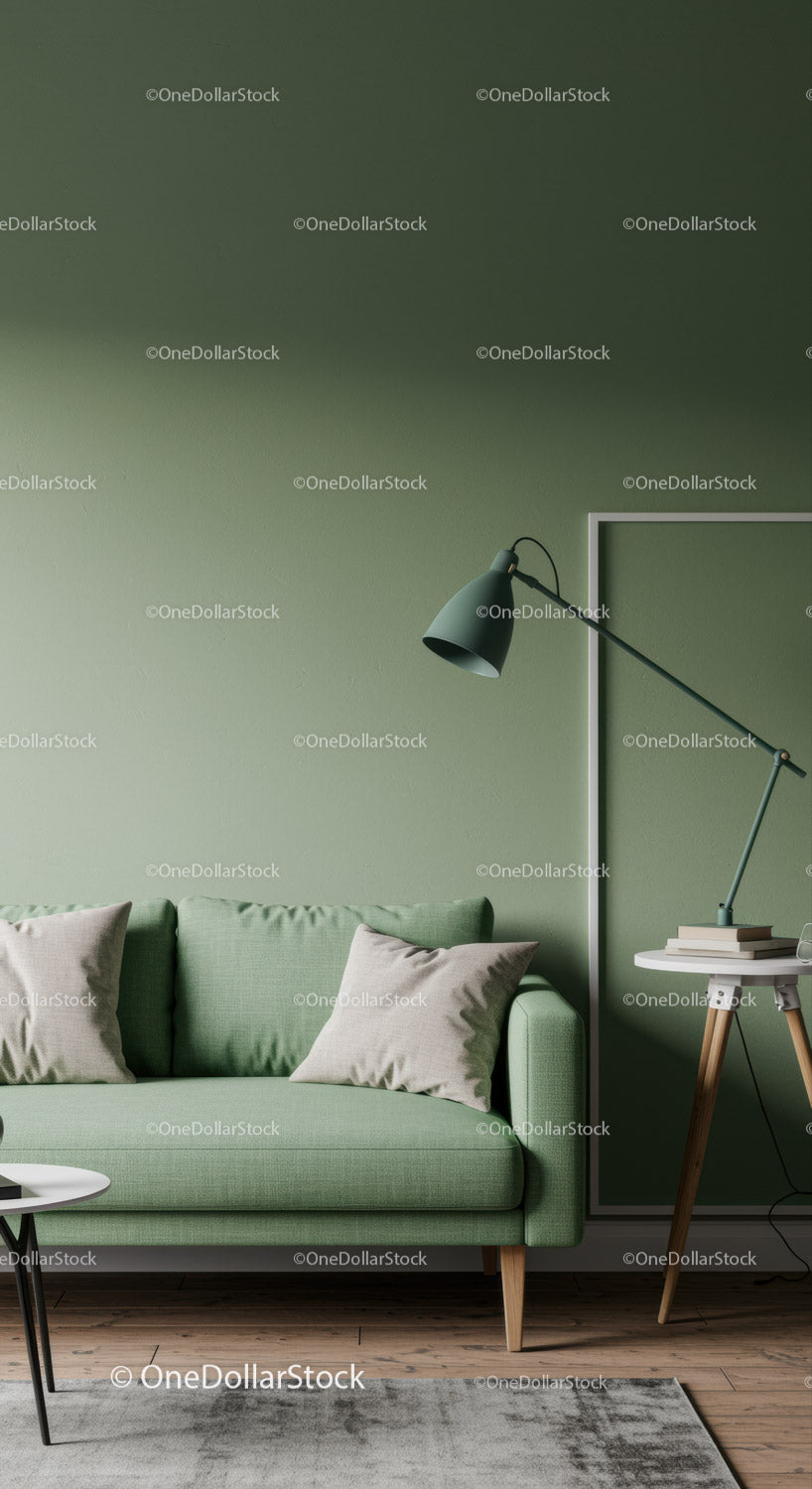 Nowoczesny salon z zieloną sofą i czarną, regulowaną lampą