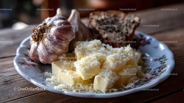 Fresh Garlic Cheese and Bread on Rustic Wooden Table
