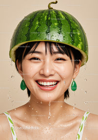 Joyful woman wearing watermelon helmet with water drops