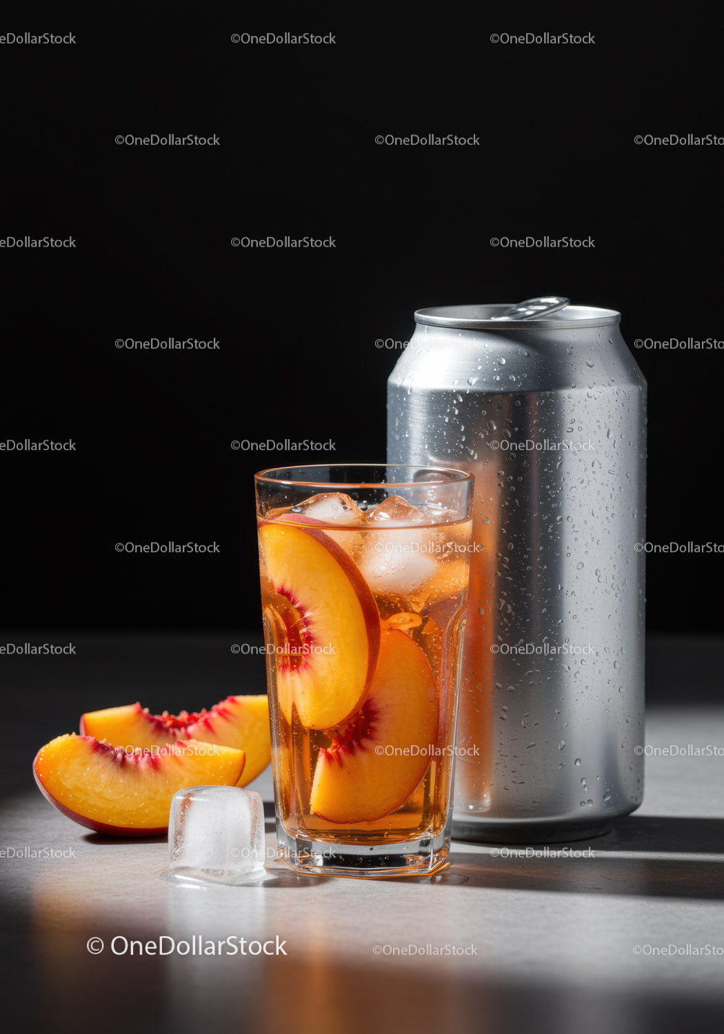 Refreshing Peach Iced Drink with Aluminum Can on Table