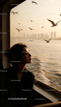 Woman gazing through boat window at seagulls and cityscape